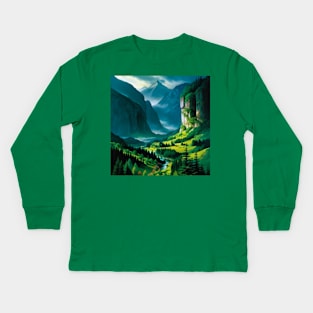 Misty Valley with Lush, Green Pine Forest Kids Long Sleeve T-Shirt